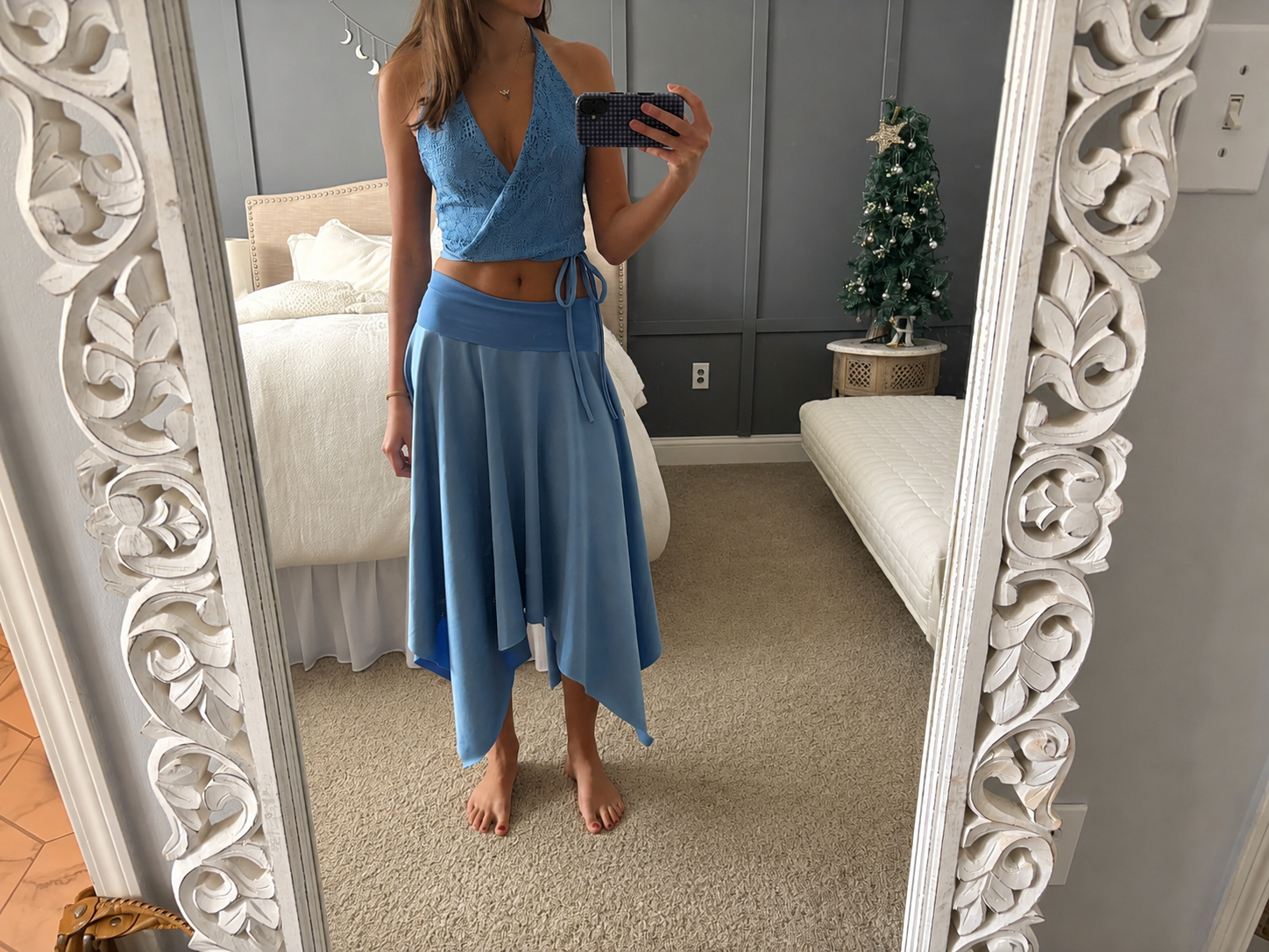 Blue wrap top and skirt set